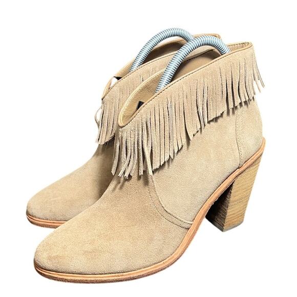 JOIE Loren Fringe Booties Suede Leather Western Cowboy Beige Womens 39 US 9 - Picture 1 of 9